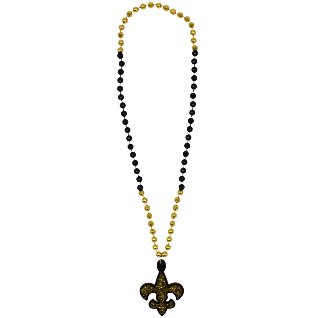 36" 10mm Black and Gold Fleur de Lis on Black and Gold Necklace (Each)