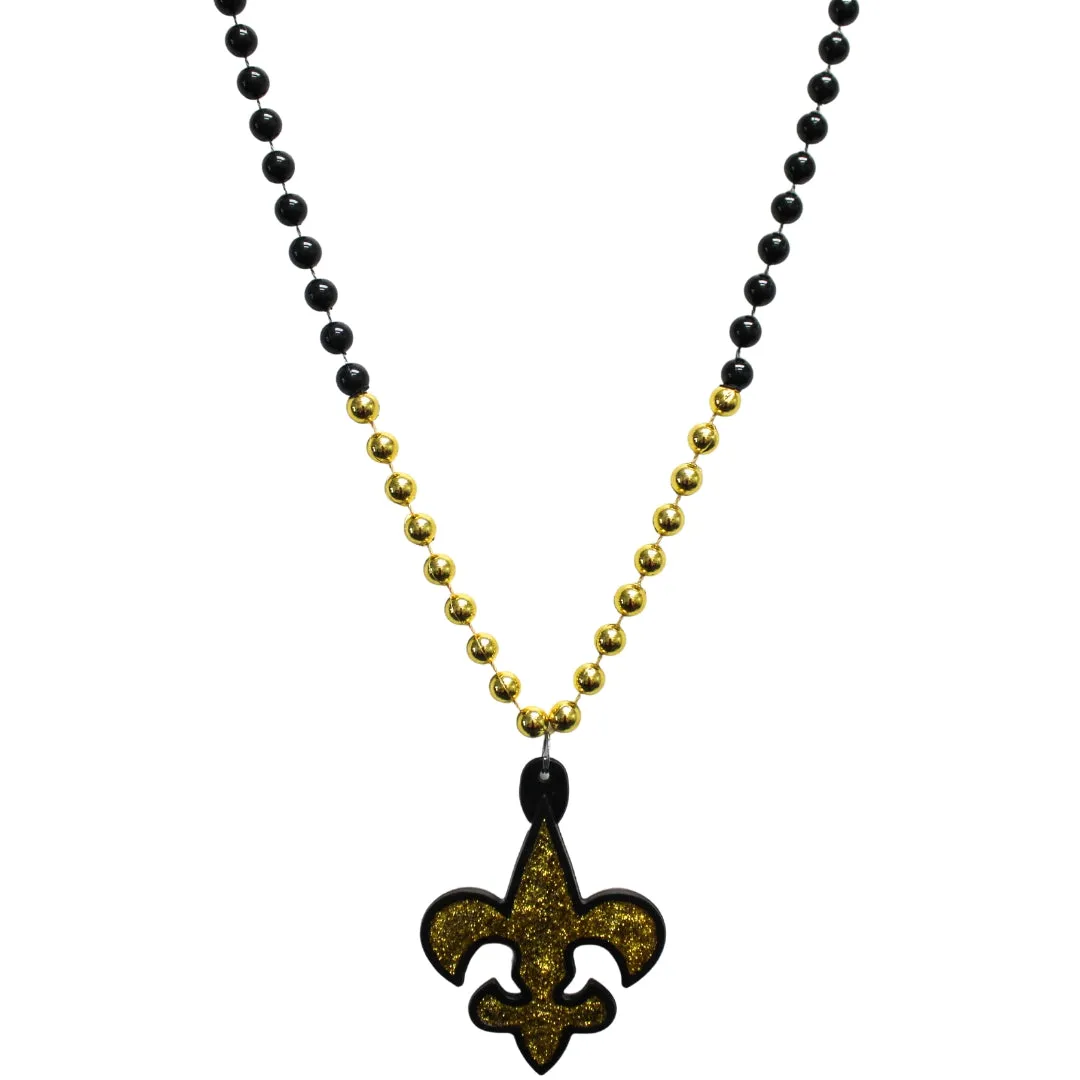 36" 10mm Black and Gold Fleur de Lis on Black and Gold Necklace (Each)