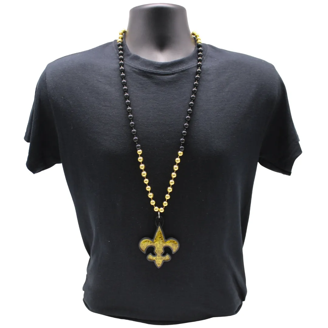 36" 10mm Black and Gold Fleur de Lis on Black and Gold Necklace (Each)