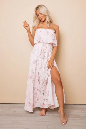 Beige Strapless Floral Print Maxi Dress