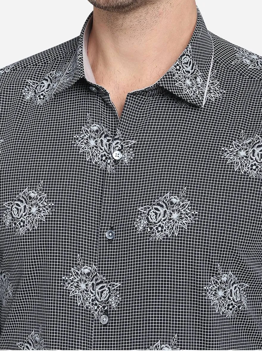 Black & Grey Printed Slim Fit Party Wear Shirt  | JB Studio