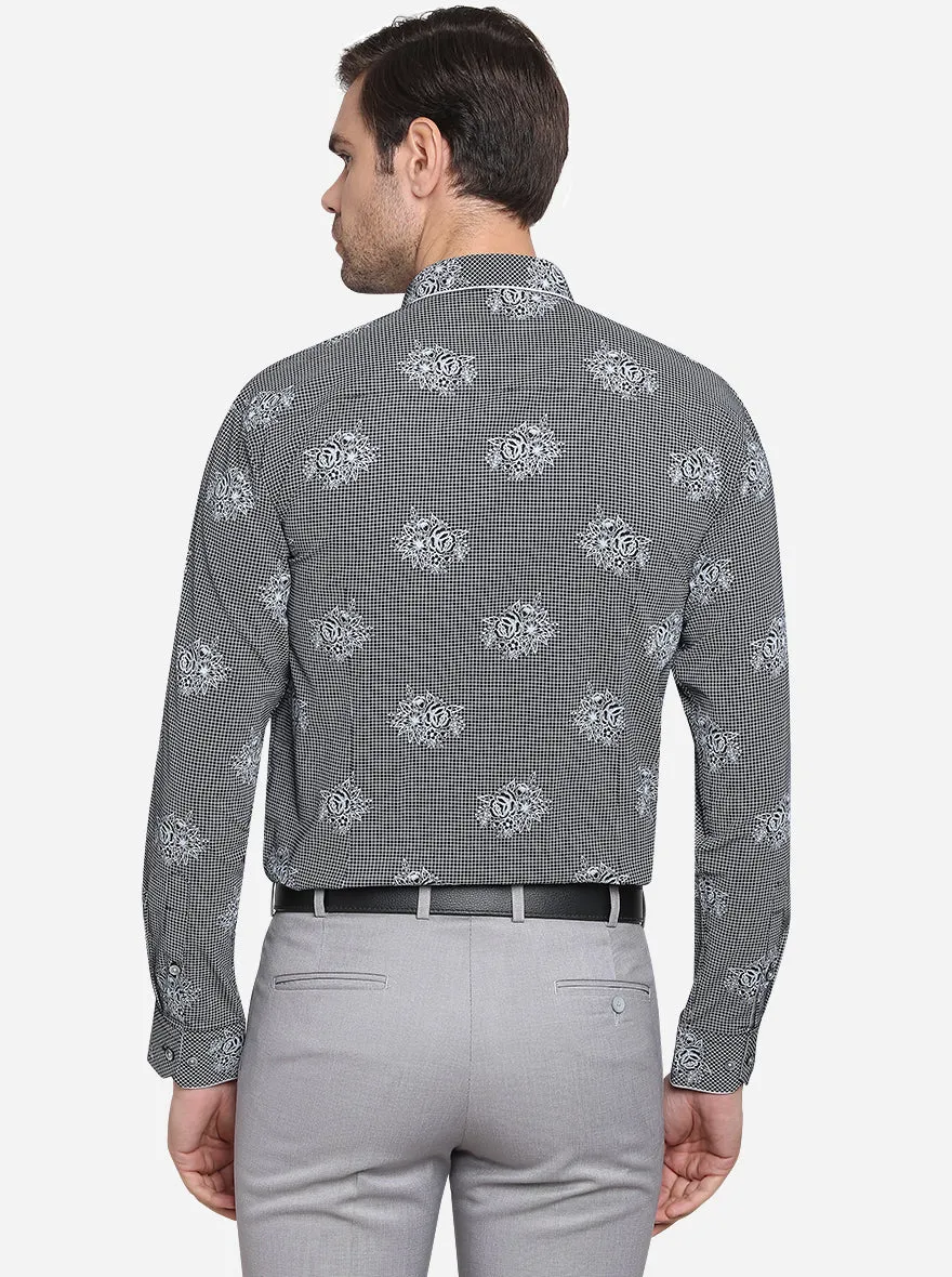 Black & Grey Printed Slim Fit Party Wear Shirt  | JB Studio