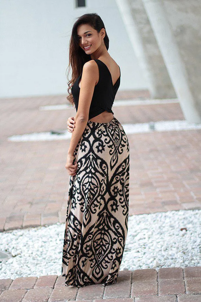 Black and Taupe Maxi Dress With Criss Cross Back