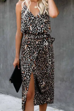 Black Leopard Wrap Vintage Midi Dress