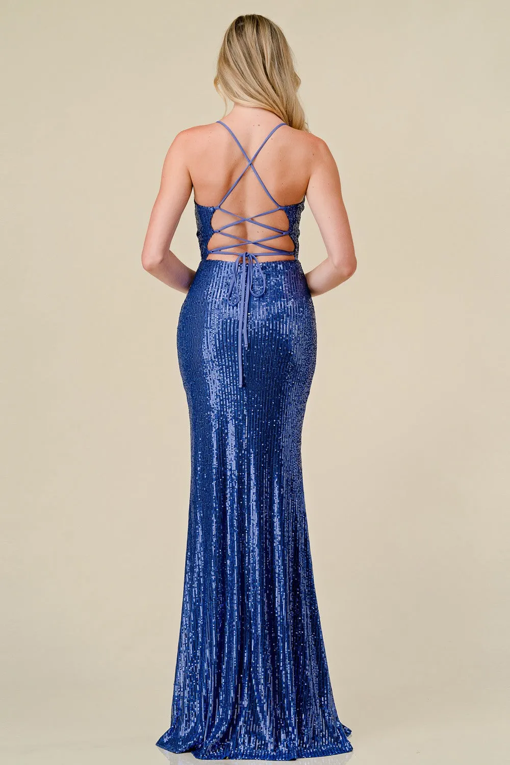 Blue Sequin Embellished V-Wrap Mermaid Maxi Dress