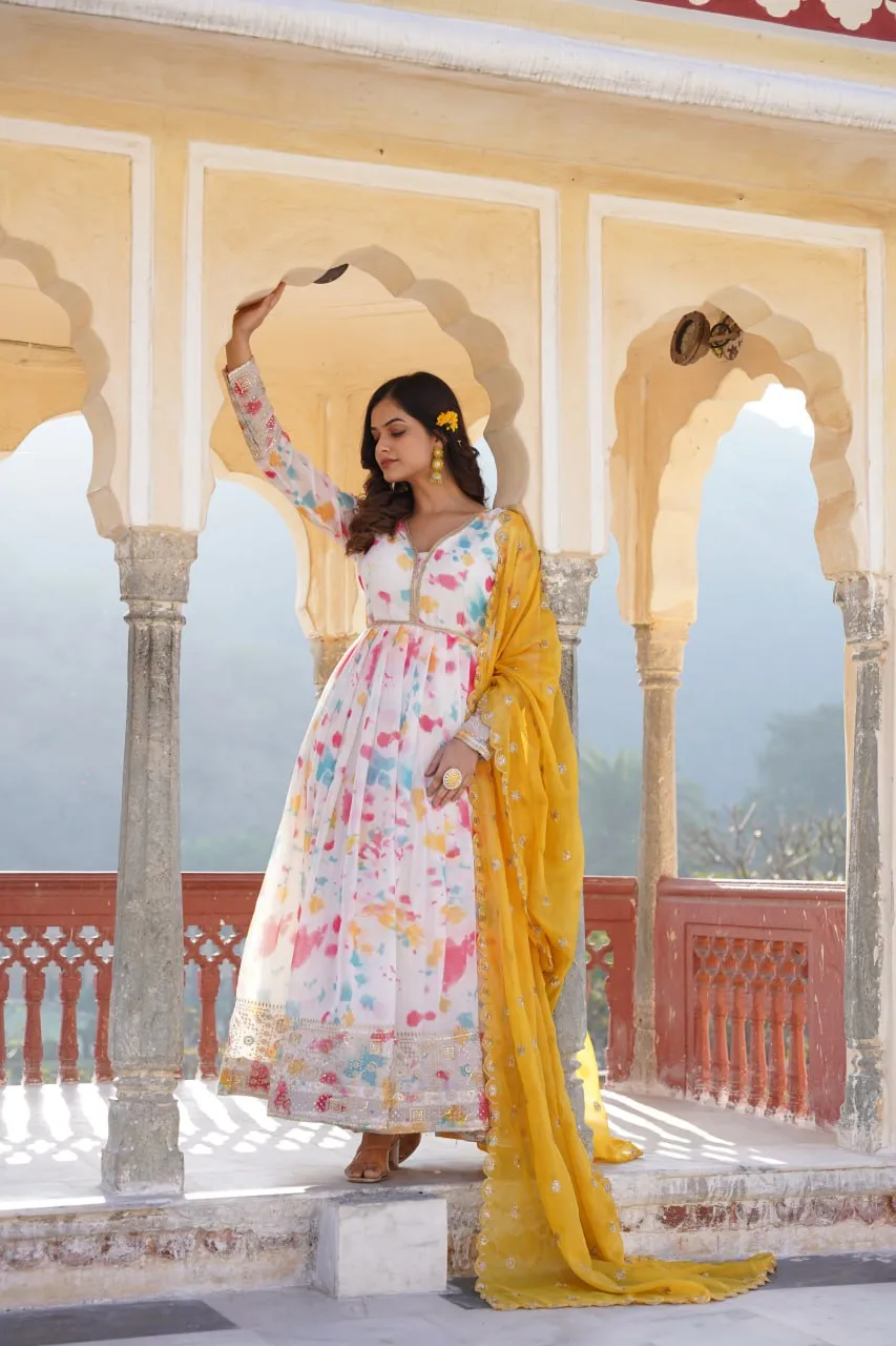 Captivating Off White Premium Readymade Gown with Embroidered Dupatta Set