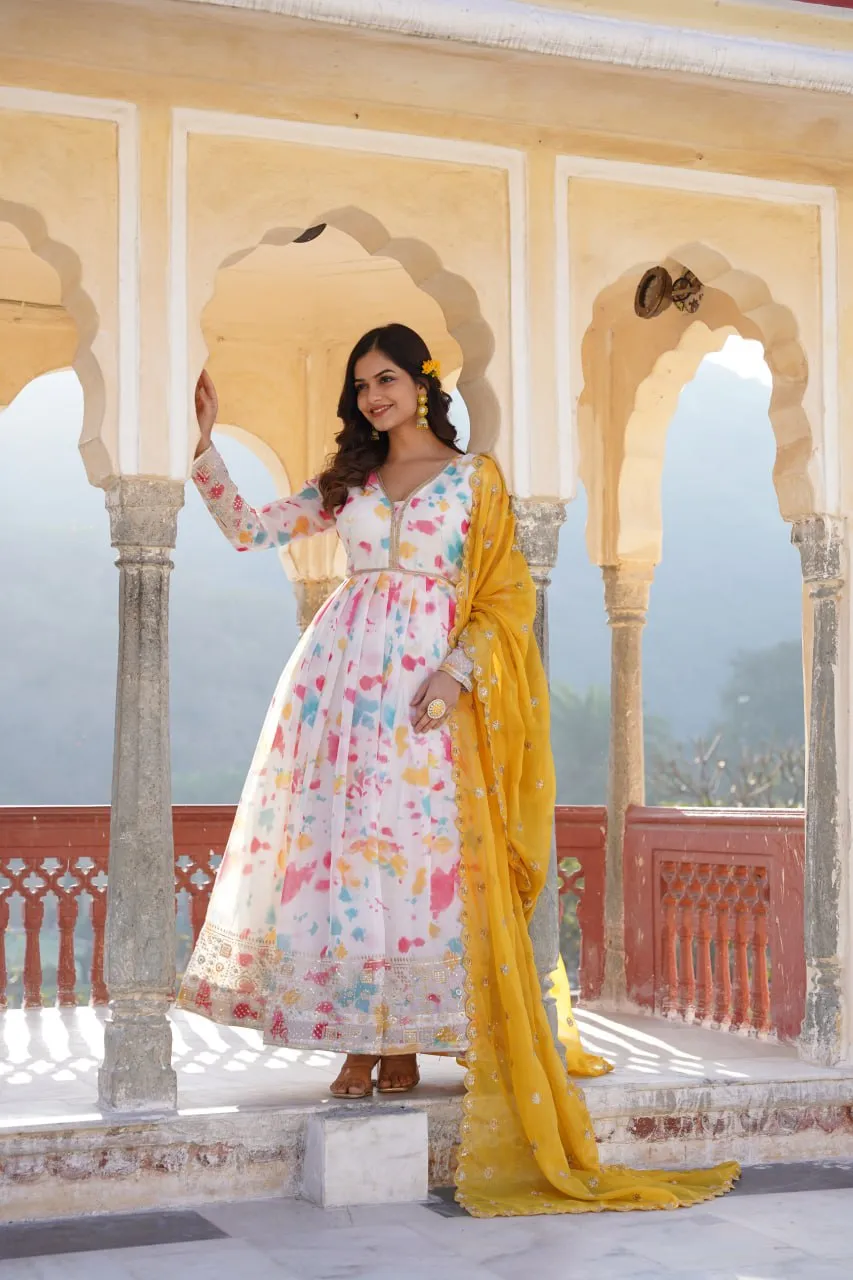 Captivating Off White Premium Readymade Gown with Embroidered Dupatta Set