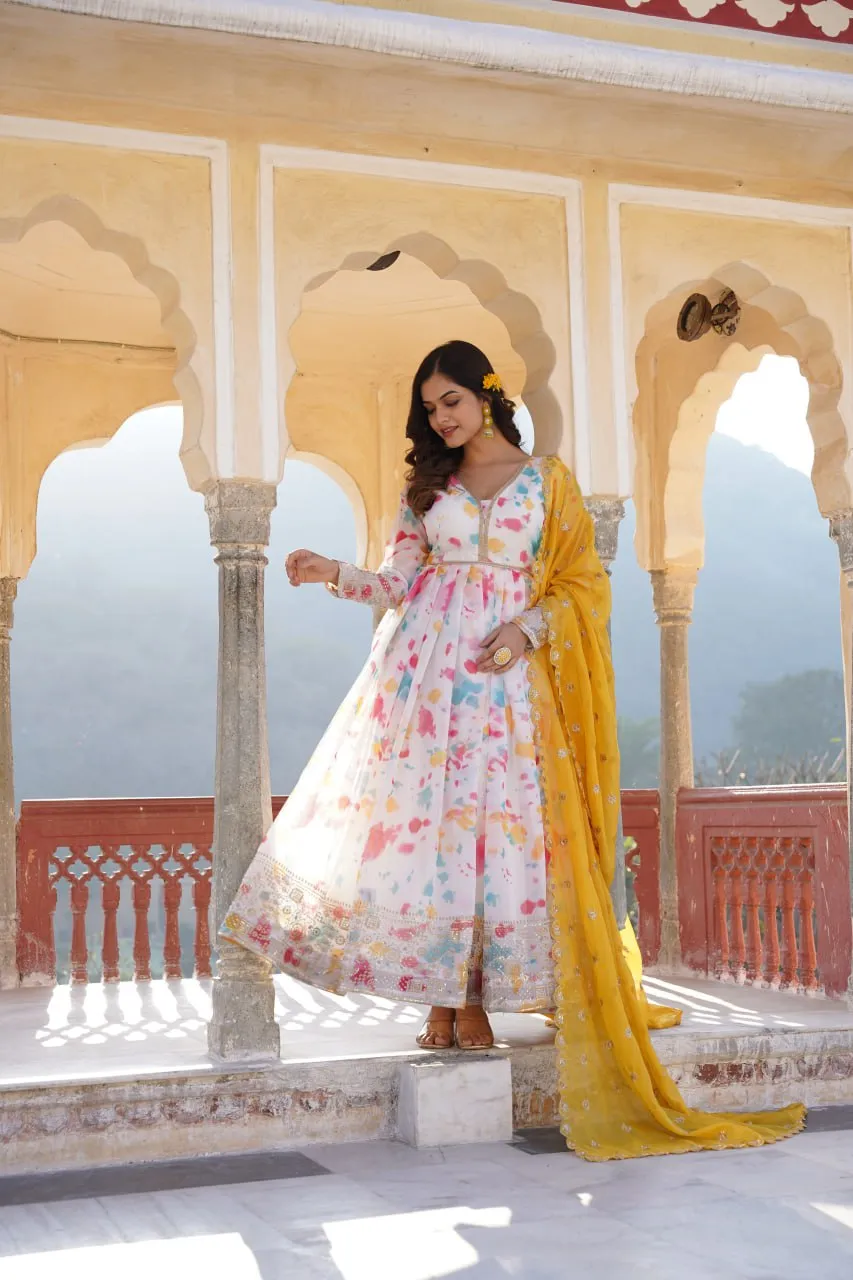 Captivating Off White Premium Readymade Gown with Embroidered Dupatta Set