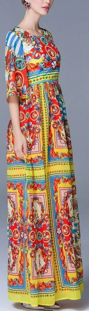 'Carretto' Multicolored Printed Satin Maxi Dress