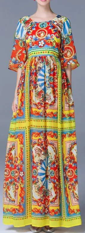 'Carretto' Multicolored Printed Satin Maxi Dress