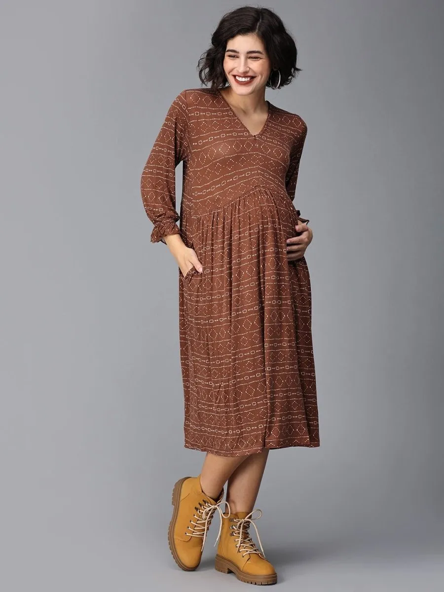 Cognac Punch Maternity Dress With Nursing