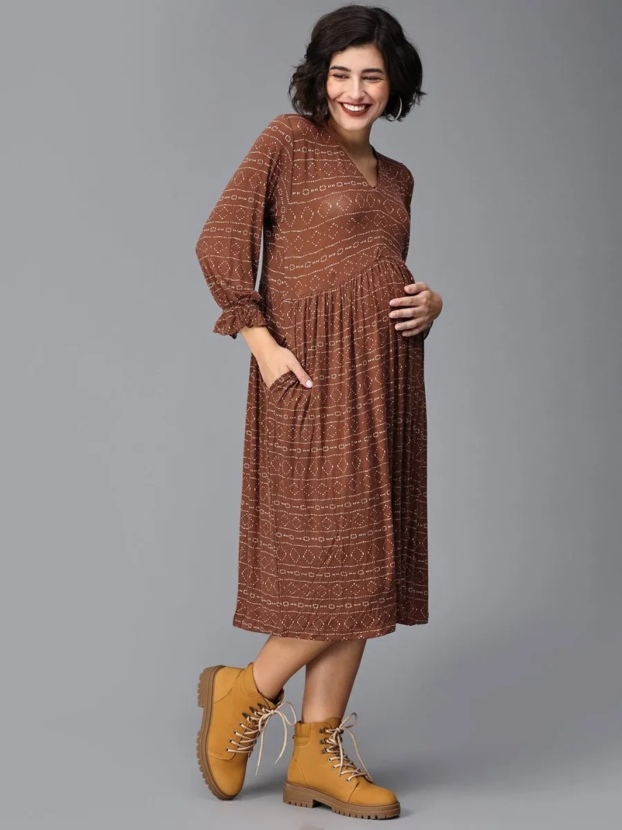 Cognac Punch Maternity Dress With Nursing