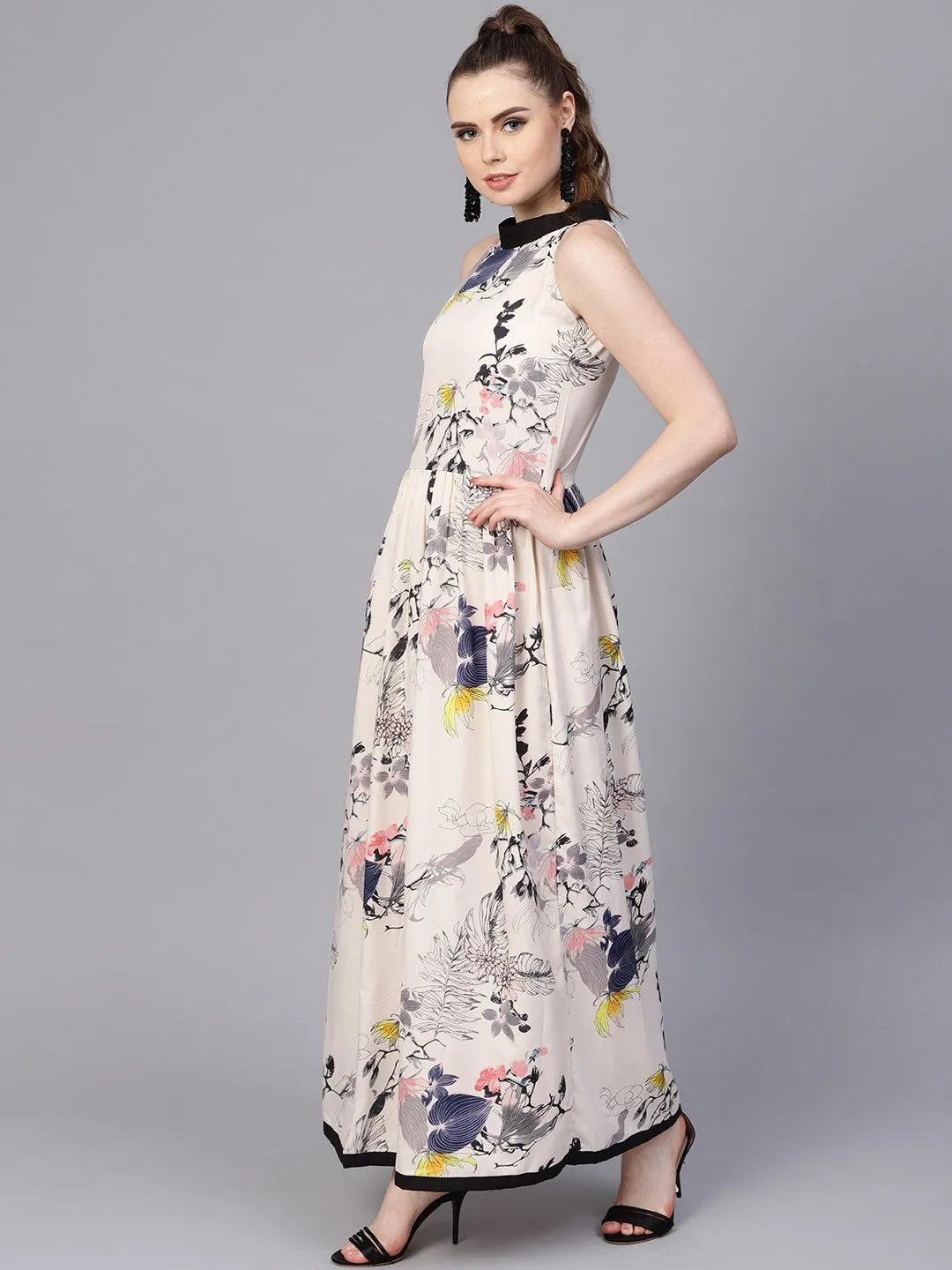 Cream Floral sleeveless printed Maxi Dress