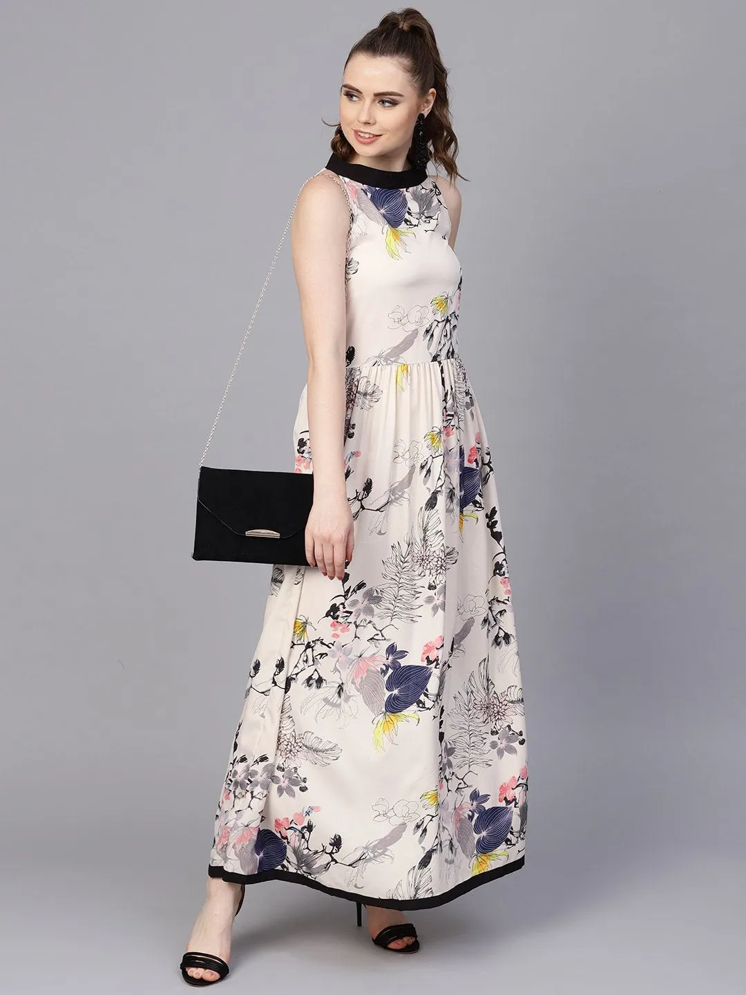 Cream Floral sleeveless printed Maxi Dress