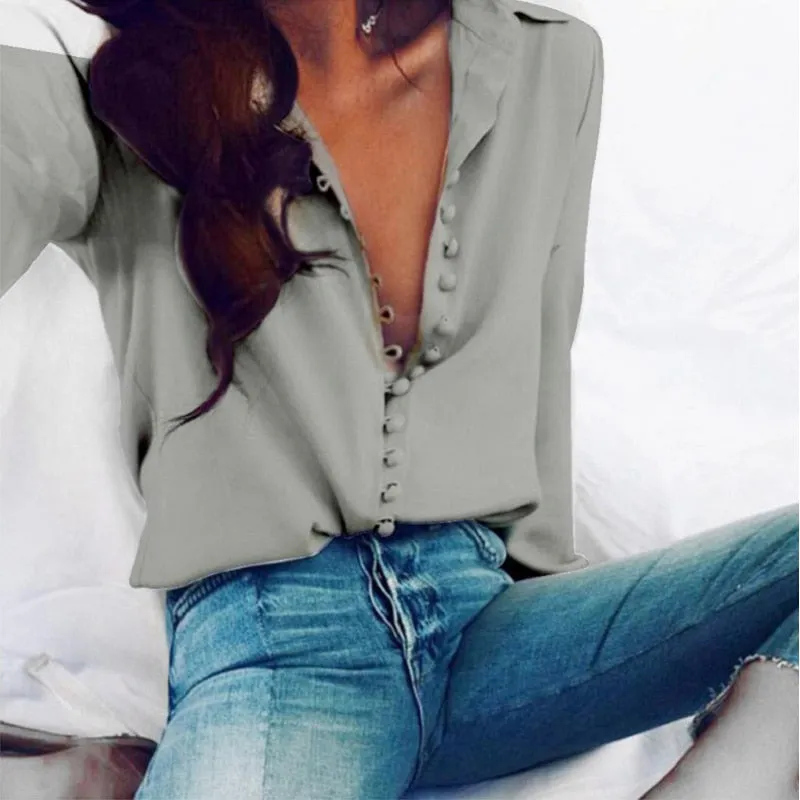 CROPKOP Fashion Casual Solid Color ladies office Tops Sexy Buttons Long sleeve Blouse 2019