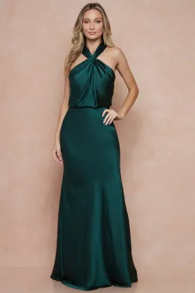 Dark Green Cross Neck Cut Out Back Satin Maxi Dress