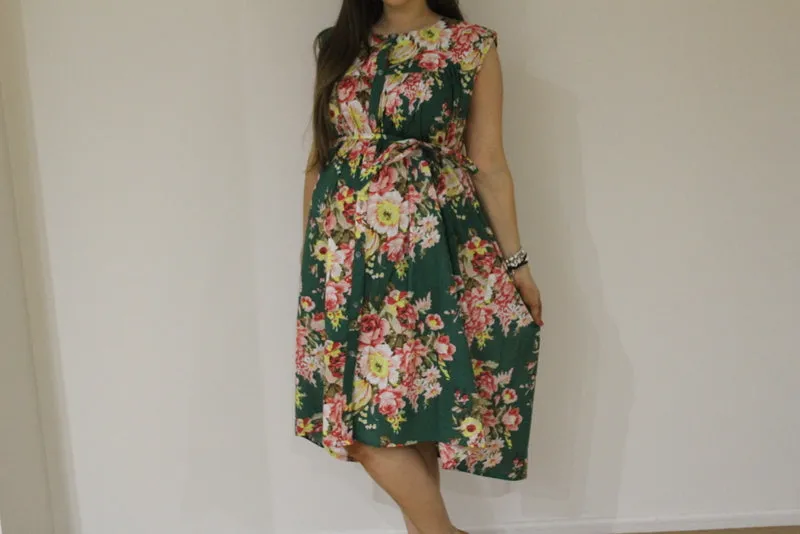 Dark Green Floral Front Buttoned Maternity Dress