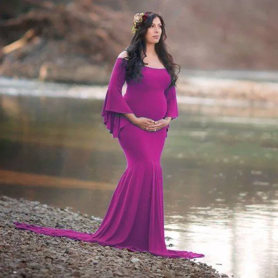 Designarche Purple Bell Sleeves Maternity Gown