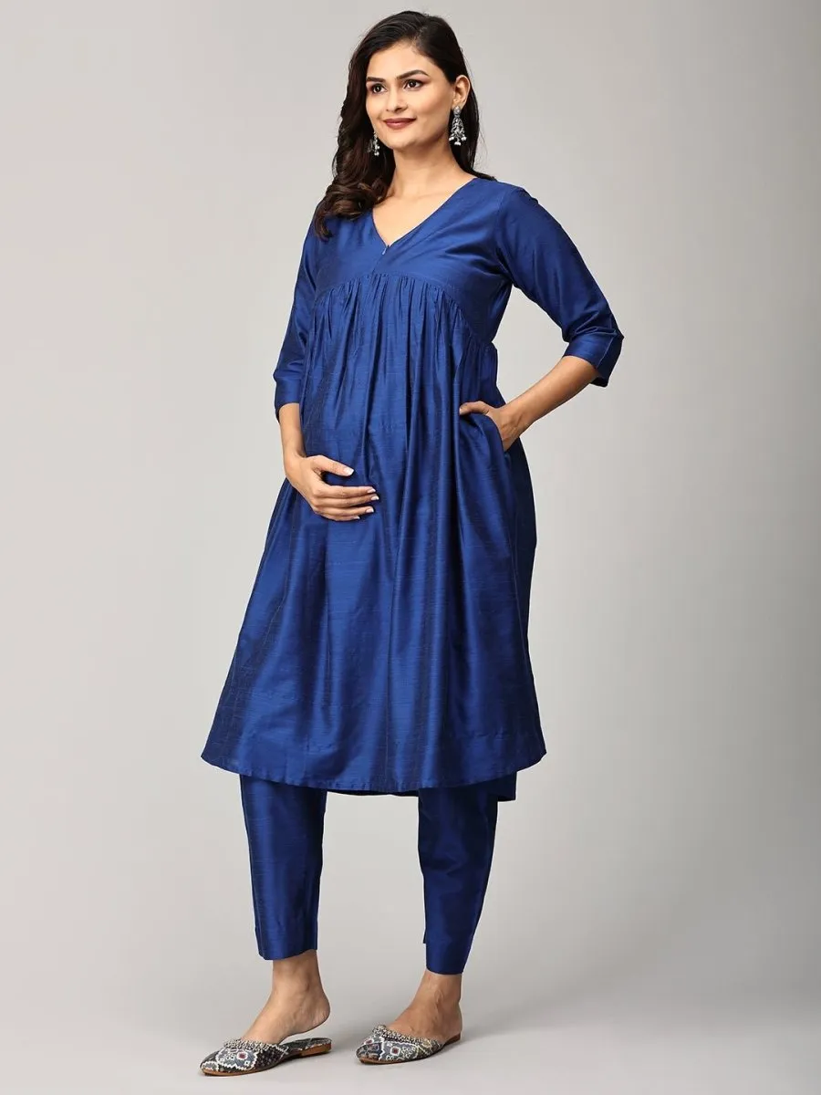 Diva Blue Maternity And Nursing Silk Kurta Set