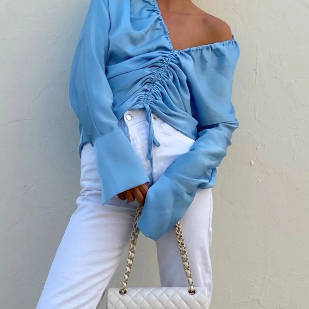 Drawstring Ruched Blue Blouses