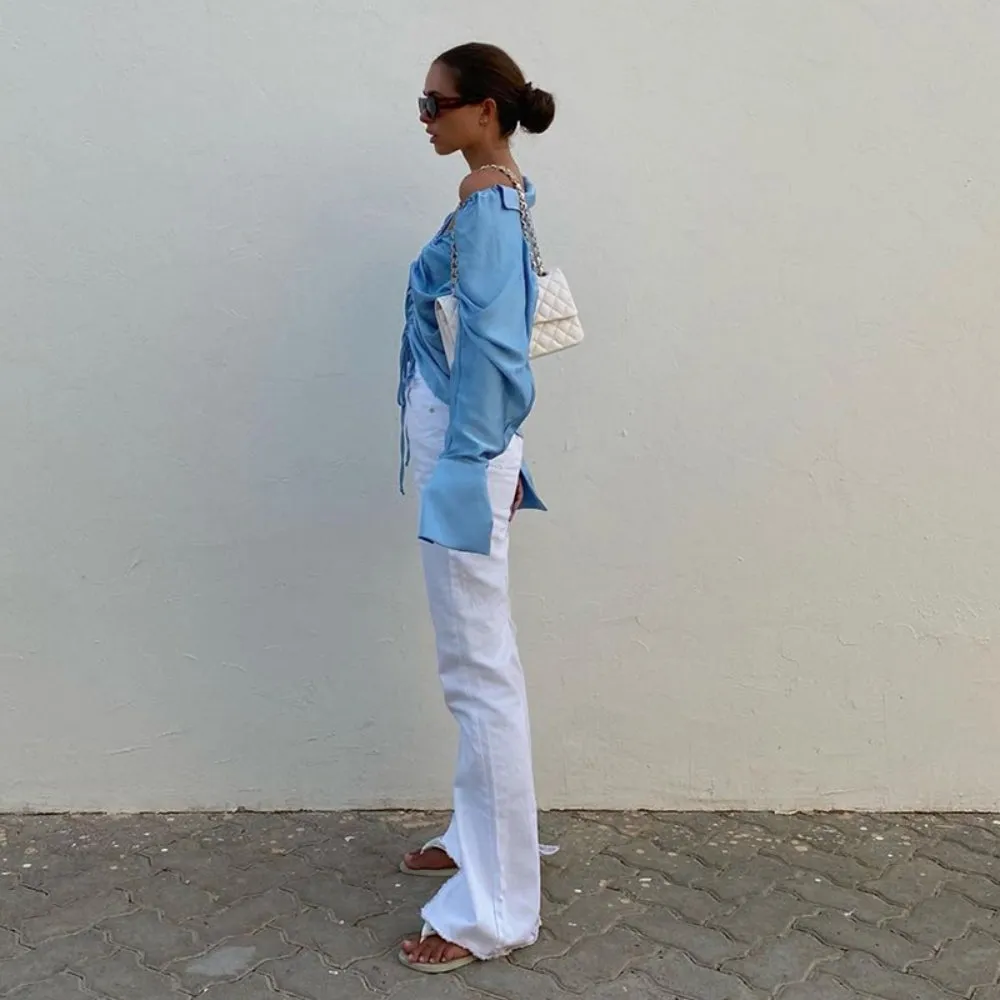 Drawstring Ruched Blue Blouses