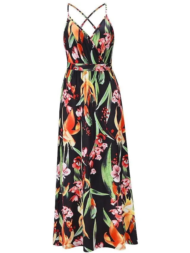 Dunnmall Women's Strap Dress Maxi Long Dress Black Blue Red Green Royal Blue Light Green Light Blue Sleeveless Floral Print Backless Patchwork Print Spring Summer V Neck Elegant Casual Sexy 2021 S M L XL XXL