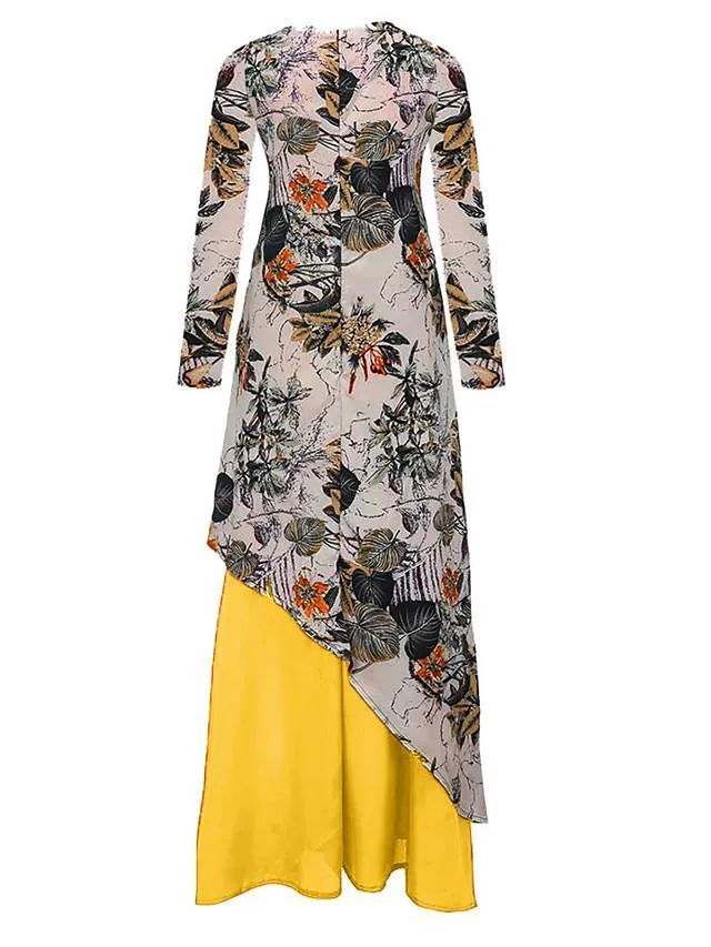 Dunnmall Women's Swing Dress Maxi long Dress Long Sleeve Color Block V Neck Plus Size Hot White Yellow M L XL XXL 3XL 4XL 5XL