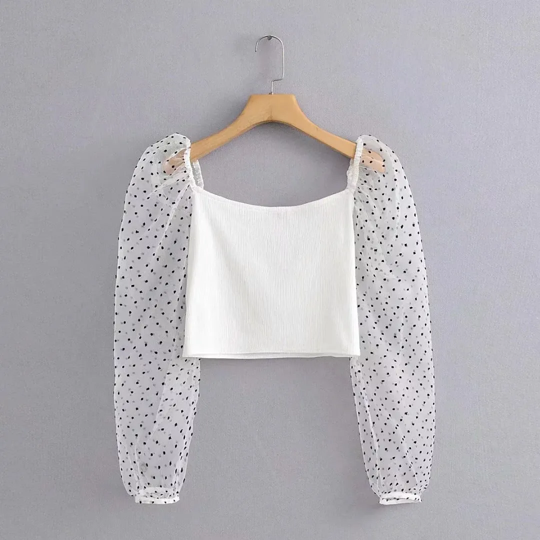 Fashion sexy mesh puff sleeve stitching polka dot top