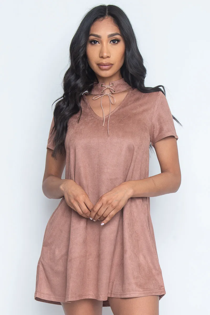 Faux Suede Short Sleeve V Neck Keyhole Mini Dress with Ribbon Tied Choker and Side Pockets (LD41885)