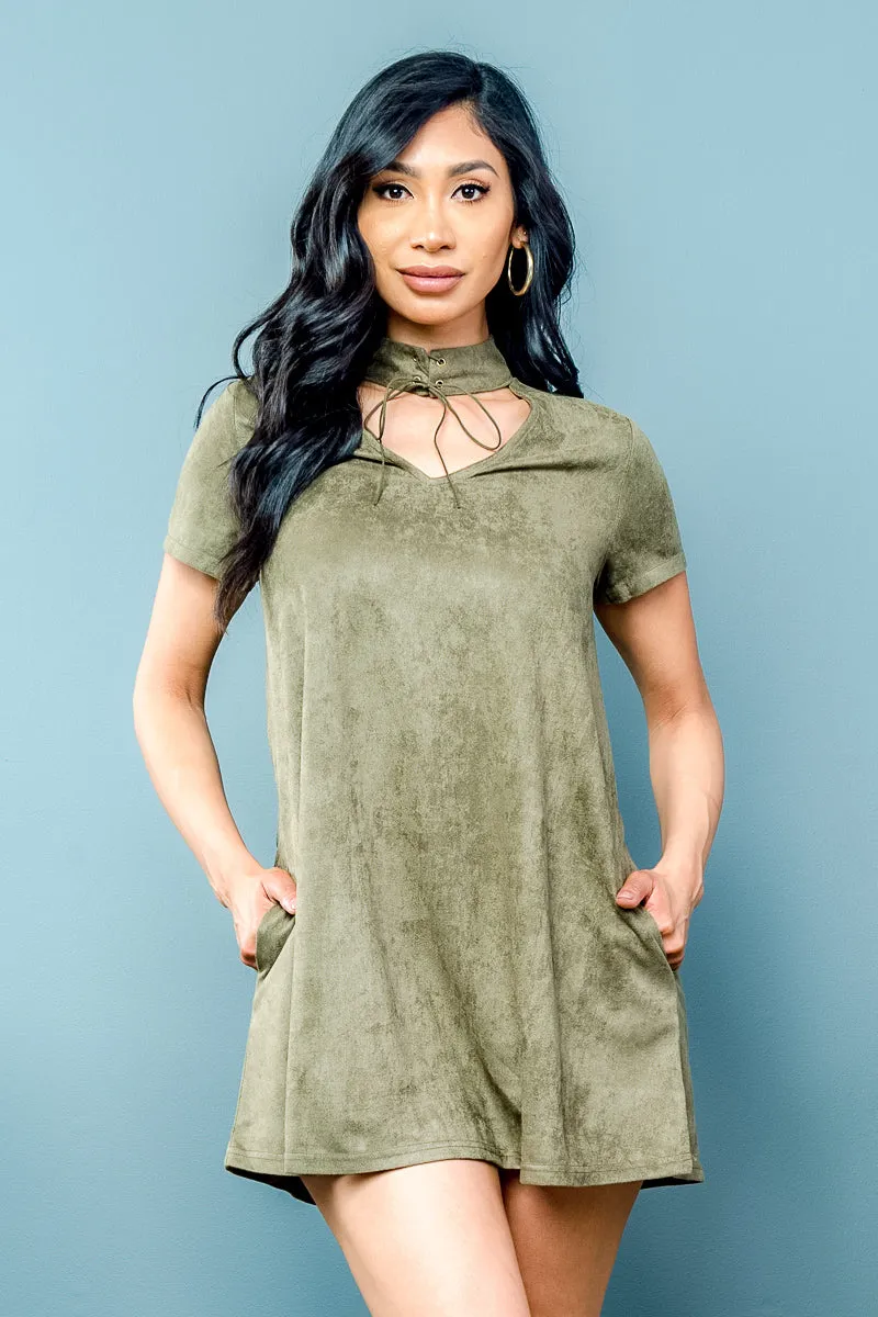 Faux Suede Short Sleeve V Neck Keyhole Mini Dress with Ribbon Tied Choker and Side Pockets (LD41885)