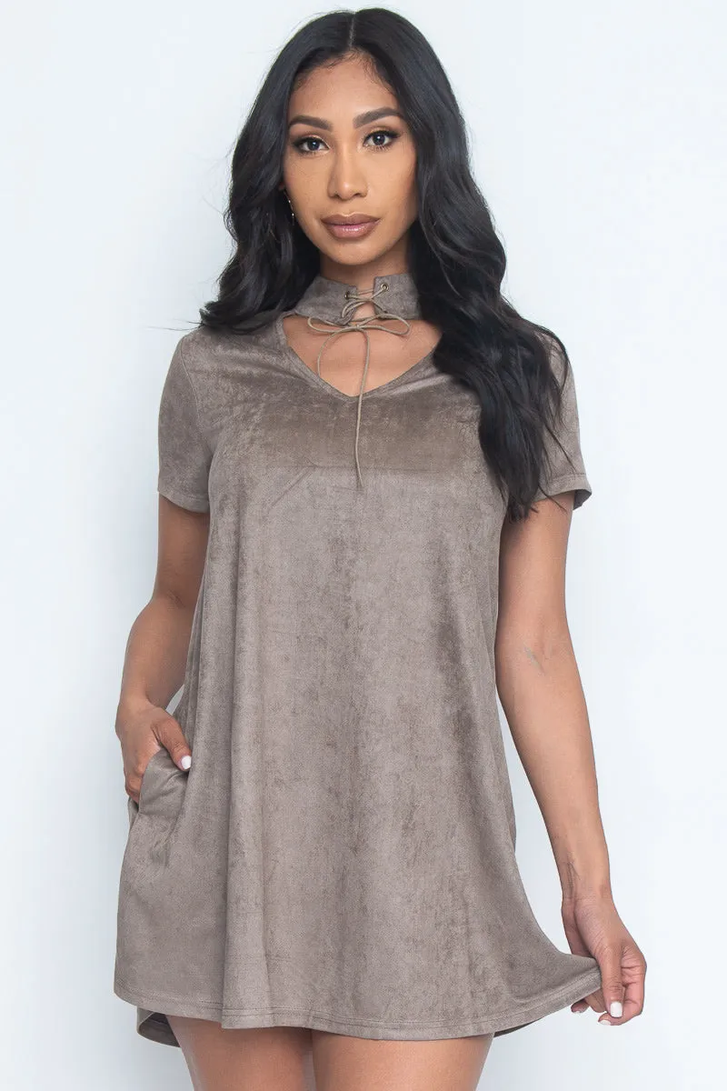 Faux Suede Short Sleeve V Neck Keyhole Mini Dress with Ribbon Tied Choker and Side Pockets (LD41885)