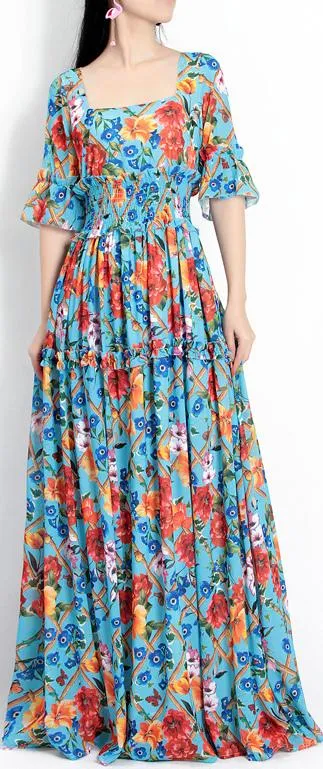 Floral-Print Square-Collar Maxi Dress, Light Blue