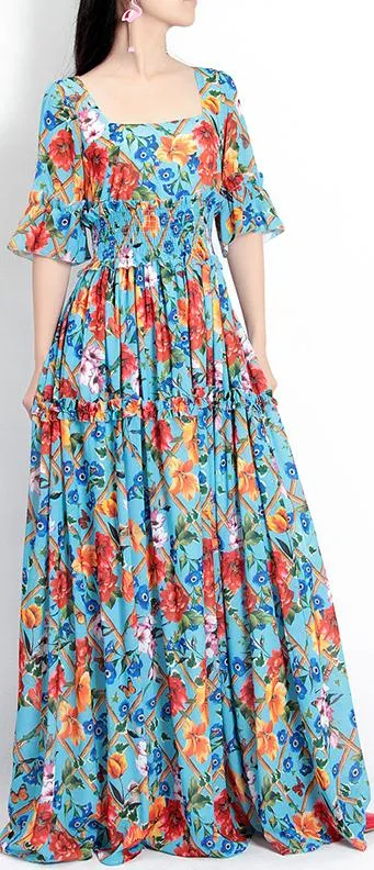 Floral-Print Square-Collar Maxi Dress, Light Blue