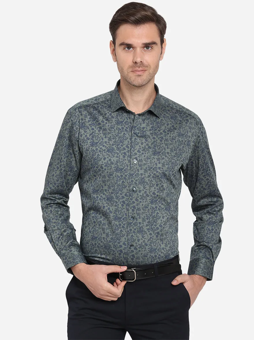 Green & Blue Printed Slim Fit Formal Shirt | Metal