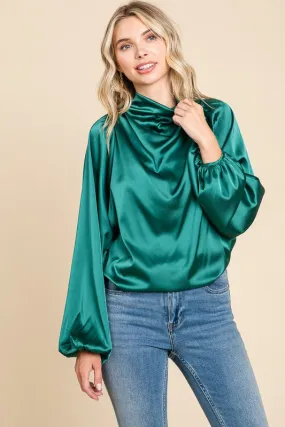 Green Cowl Neck Long Sleeve Satin Blouse Top