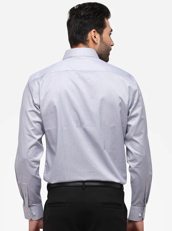 Grey & White Striped Regular Fit Formal Shirt | JadeBlue