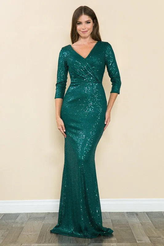 Hunter Green Sleeve Wrap Style V-Neck Sequin Formal Dress