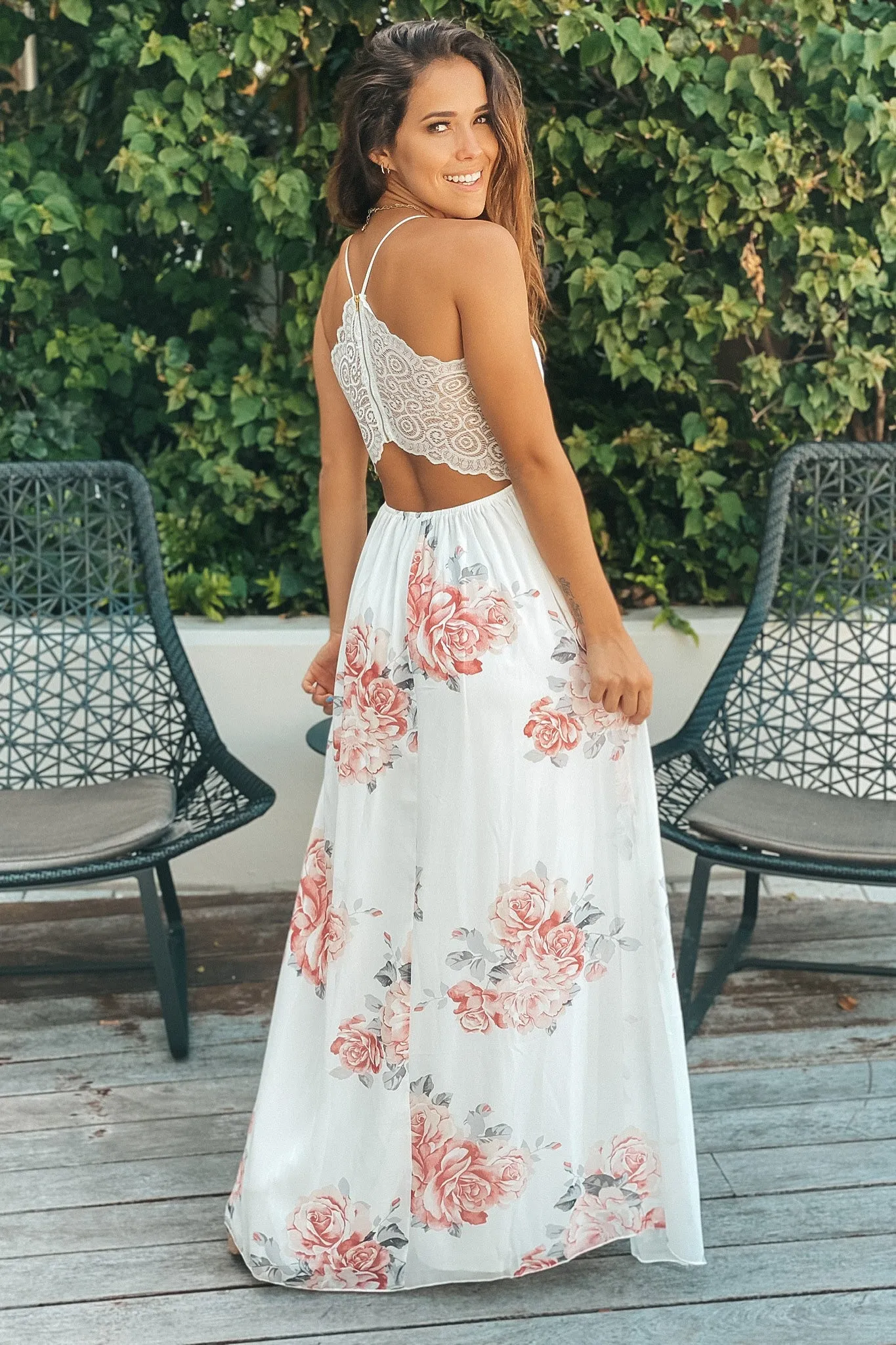 Ivory and Peach Floral Maxi Dress With Lace Back