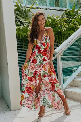 Ivory and Red Floral Wrap Dress