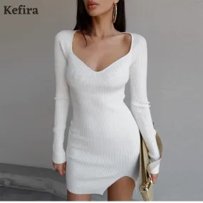 Joskaa hoco dresses Christmas Gift Kefira 2024 Knitted Bodycon Women Sweater Mini Dresses Autumn Winter Fashion Sexy Split Elegant Long Sleeve Party Dress