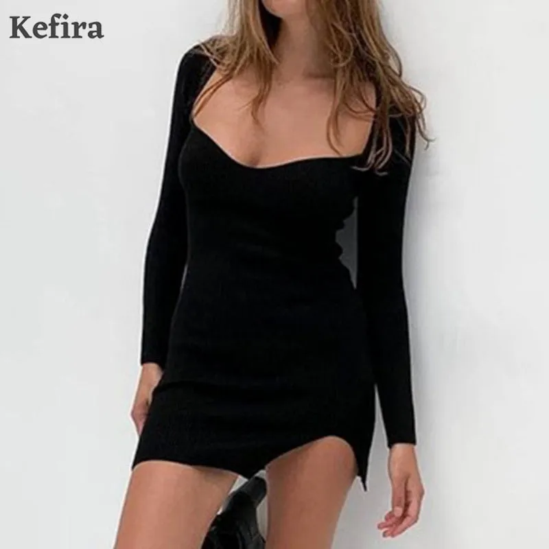 Joskaa hoco dresses Christmas Gift Kefira 2024 Knitted Bodycon Women Sweater Mini Dresses Autumn Winter Fashion Sexy Split Elegant Long Sleeve Party Dress