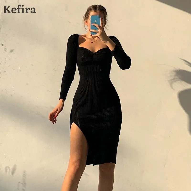 Joskaa hoco dresses Christmas Gift Kefira 2024 Knitted Bodycon Women Sweater Mini Dresses Autumn Winter Fashion Sexy Split Elegant Long Sleeve Party Dress