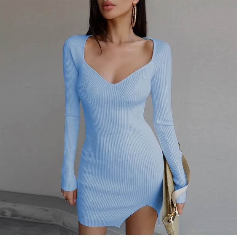 Joskaa hoco dresses Christmas Gift Kefira 2024 Knitted Bodycon Women Sweater Mini Dresses Autumn Winter Fashion Sexy Split Elegant Long Sleeve Party Dress