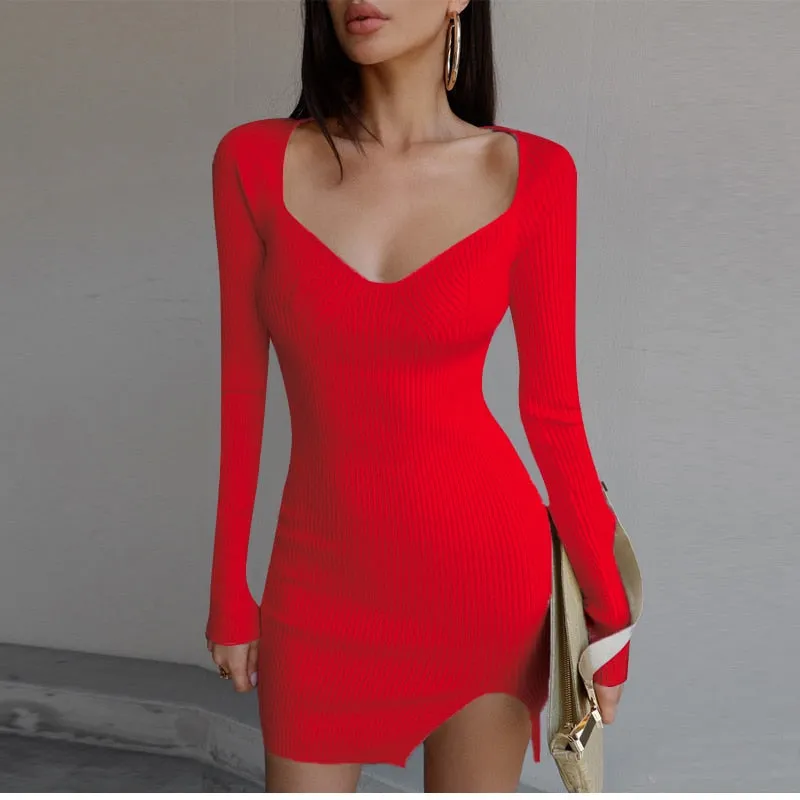 Joskaa hoco dresses Christmas Gift Kefira 2024 Knitted Bodycon Women Sweater Mini Dresses Autumn Winter Fashion Sexy Split Elegant Long Sleeve Party Dress