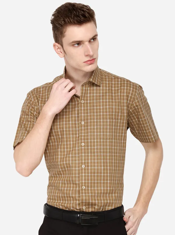 Khaki & Cream Checked Regular Fit Formal Shirt | JadeBlue