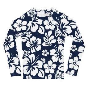 Kids Navy Blue and White Hawaiian Flowers Rash Guard