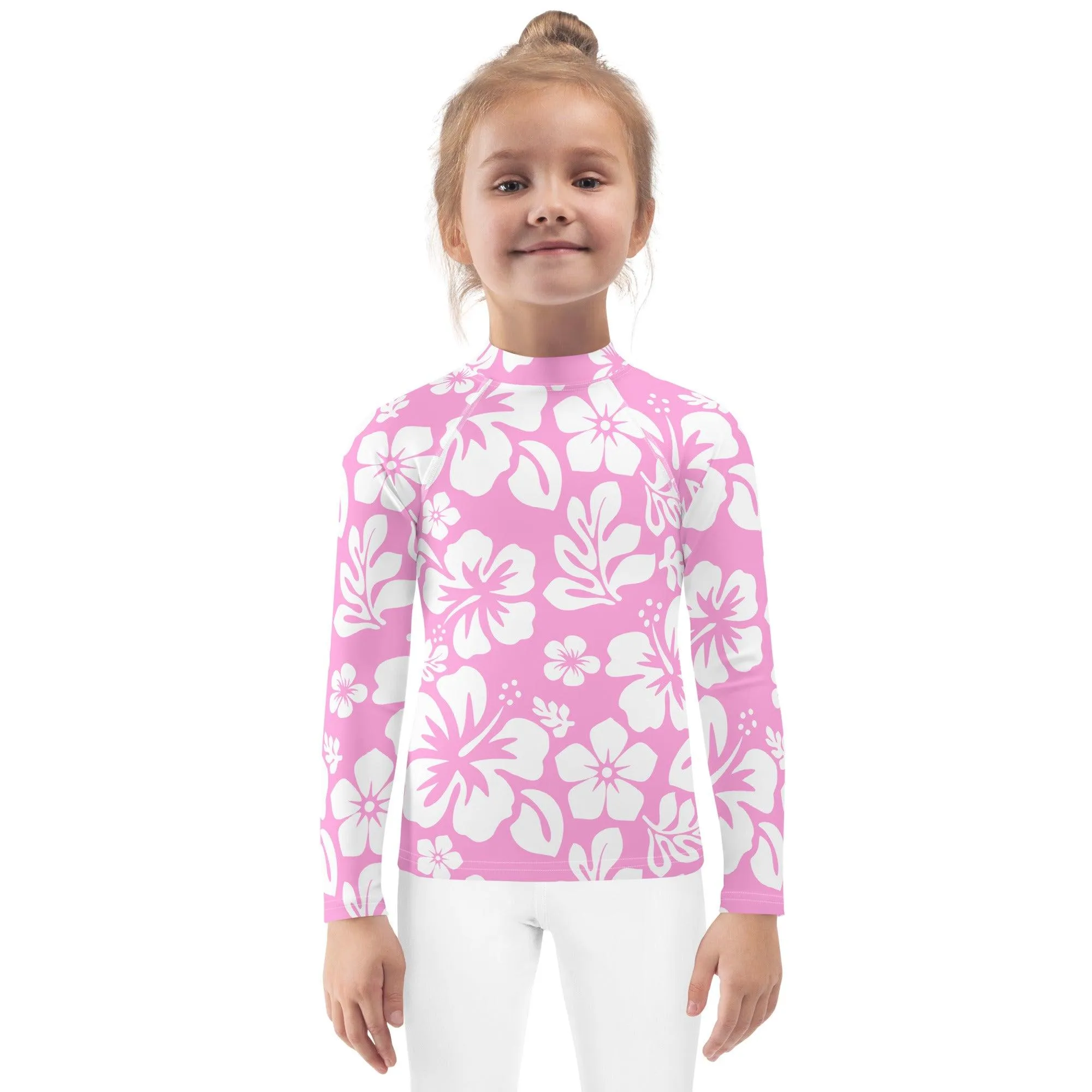 Kids Pink and White Hawaiian Flowers Rash Guard