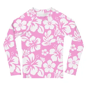 Kids Pink and White Hawaiian Flowers Rash Guard