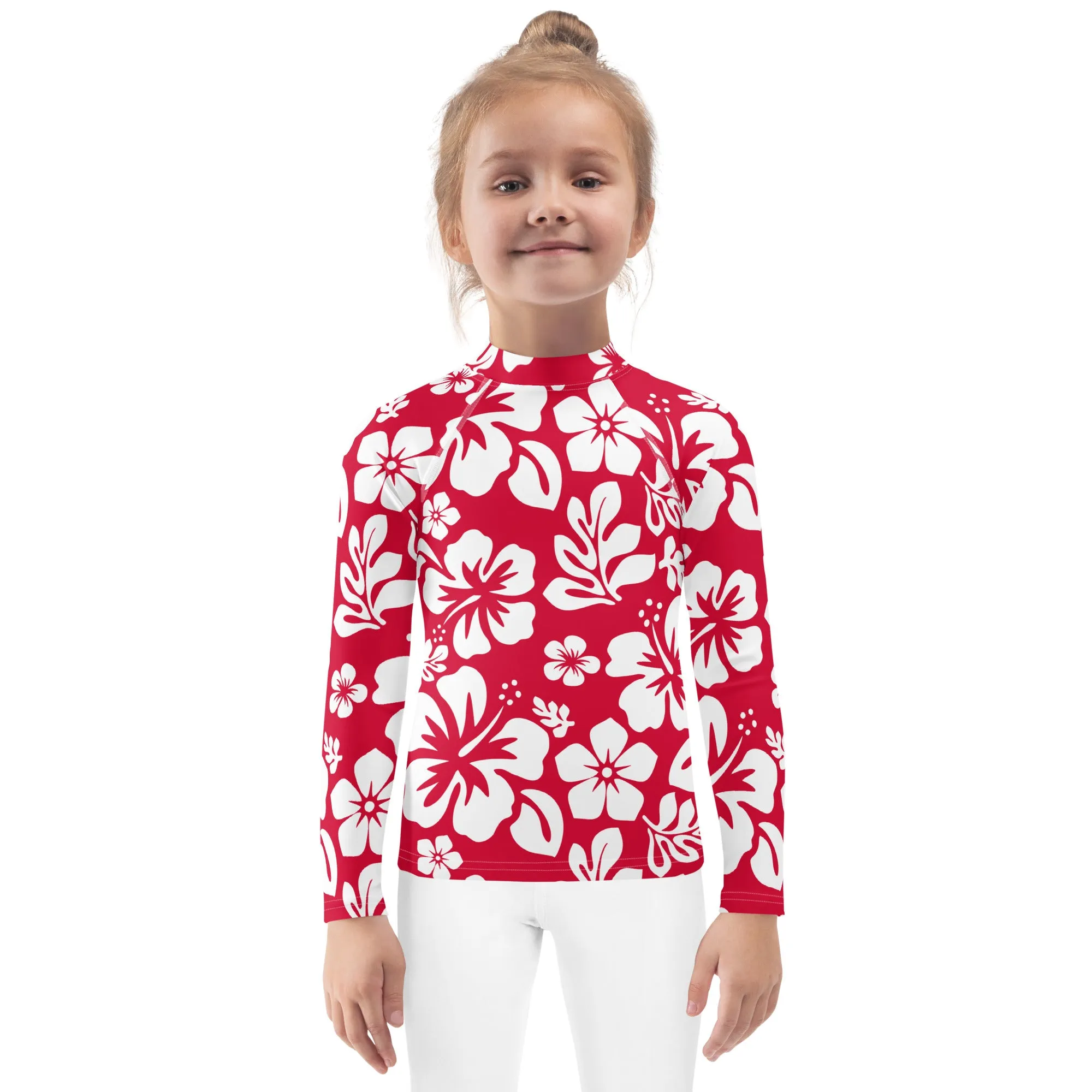 Kids Red and White Hawaiian Flowers Rash Guard