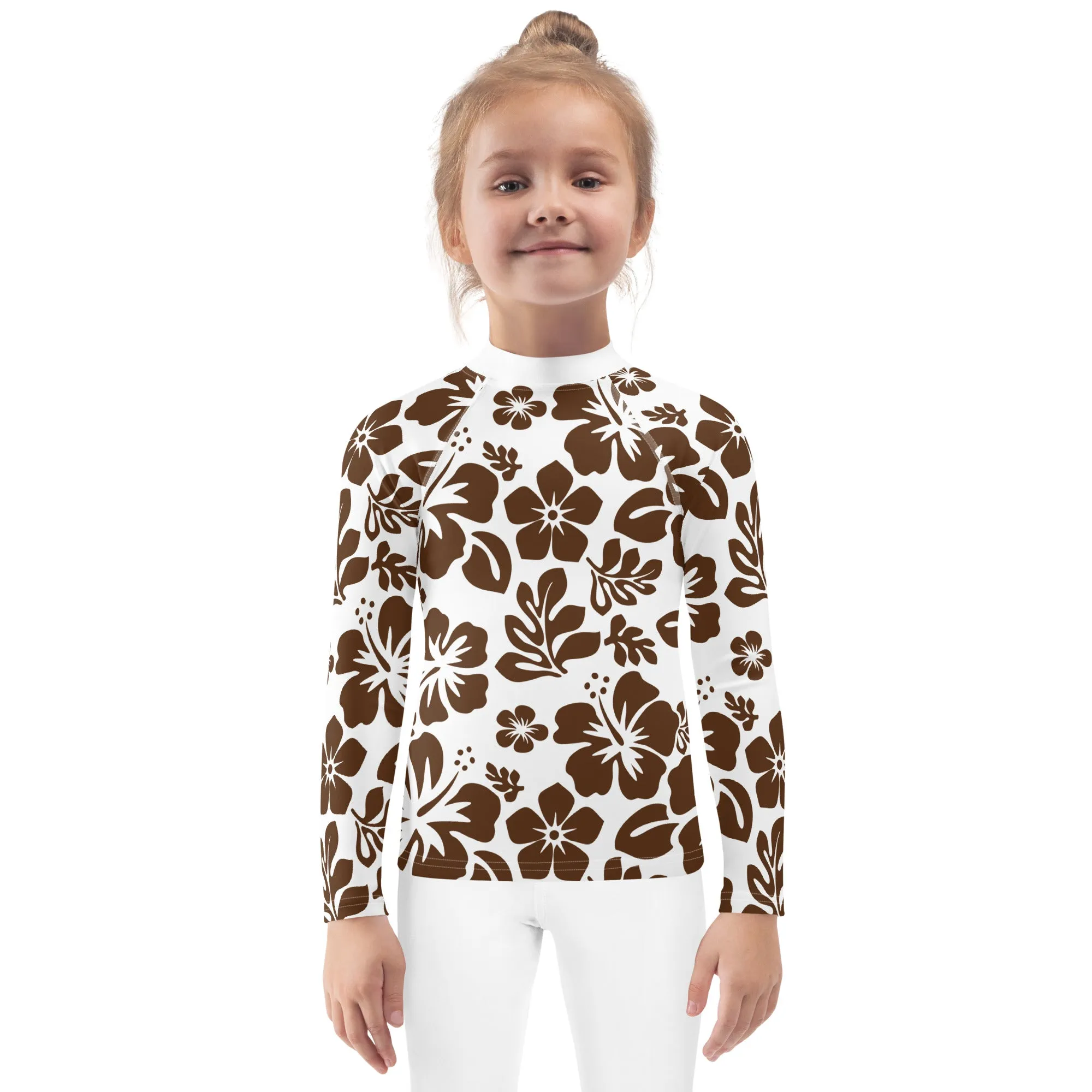 Kids White and Brown Hawaiian Flowers Rash Guard